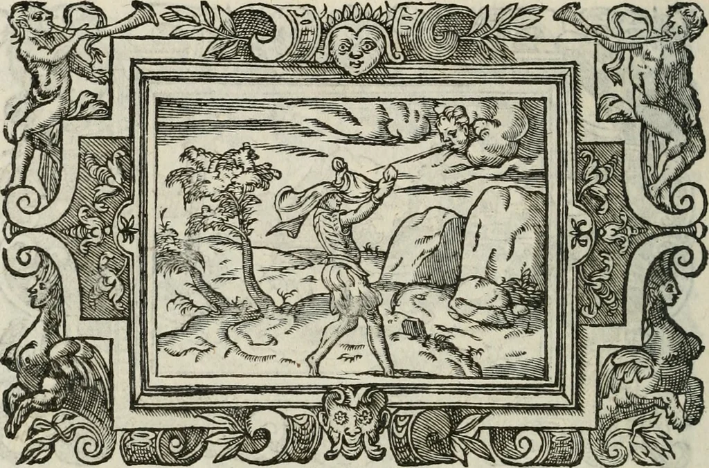 An illustration from Icones, id est, Verae imagines virorum doctrina simul et pietate illustrium, : quorum praecipuè ministerio partim bonarum literarum studia sunt restituta, partim vera religio in variis orbis Christiani regionibus, nostra patrúmque memoria fuit instaurata : additis eorundem vitae & operae descriptionibus, quibus adiectae sunt nonnullae picturae quas emblemata vocant., 1580, leaf 297
