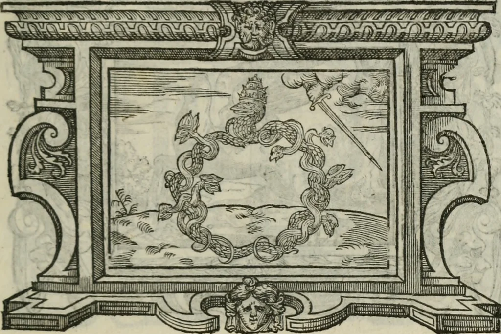 An illustration from Icones, id est, Verae imagines virorum doctrina simul et pietate illustrium, : quorum praecipuè ministerio partim bonarum literarum studia sunt restituta, partim vera religio in variis orbis Christiani regionibus, nostra patrúmque memoria fuit instaurata : additis eorundem vitae & operae descriptionibus, quibus adiectae sunt nonnullae picturae quas emblemata vocant., 1580, leaf 302