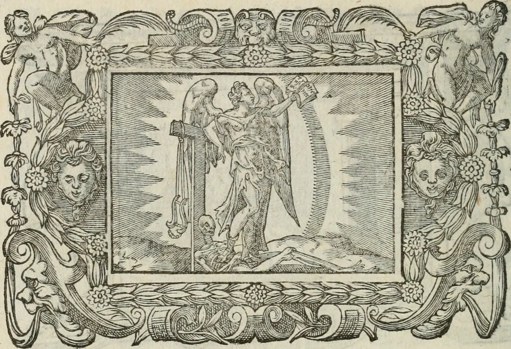 An illustration from Icones, id est, Verae imagines virorum doctrina simul et pietate illustrium, : quorum praecipuè ministerio partim bonarum literarum studia sunt restituta, partim vera religio in variis orbis Christiani regionibus, nostra patrúmque memoria fuit instaurata : additis eorundem vitae & operae descriptionibus, quibus adiectae sunt nonnullae picturae quas emblemata vocant., 1580, leaf 313