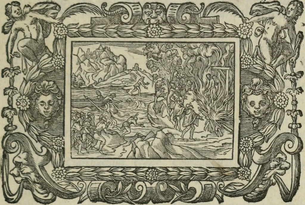 An illustration from Icones, id est, Verae imagines virorum doctrina simul et pietate illustrium, : quorum praecipuè ministerio partim bonarum literarum studia sunt restituta, partim vera religio in variis orbis Christiani regionibus, nostra patrúmque memoria fuit instaurata : additis eorundem vitae & operae descriptionibus, quibus adiectae sunt nonnullae picturae quas emblemata vocant., 1580, leaf 318