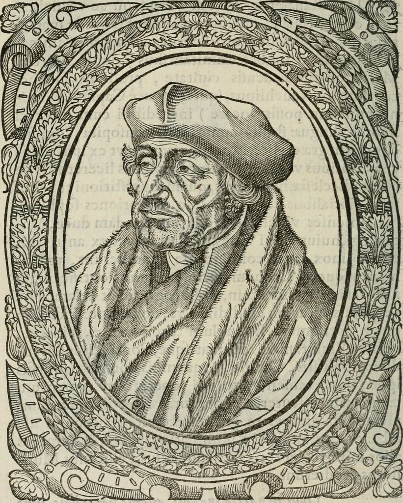 An illustration from Icones, id est, Verae imagines virorum doctrina simul et pietate illustrium, : quorum praecipuè ministerio partim bonarum literarum studia sunt restituta, partim vera religio in variis orbis Christiani regionibus, nostra patrúmque memoria fuit instaurata : additis eorundem vitae & operae descriptionibus, quibus adiectae sunt nonnullae picturae quas emblemata vocant., 1580, leaf 33