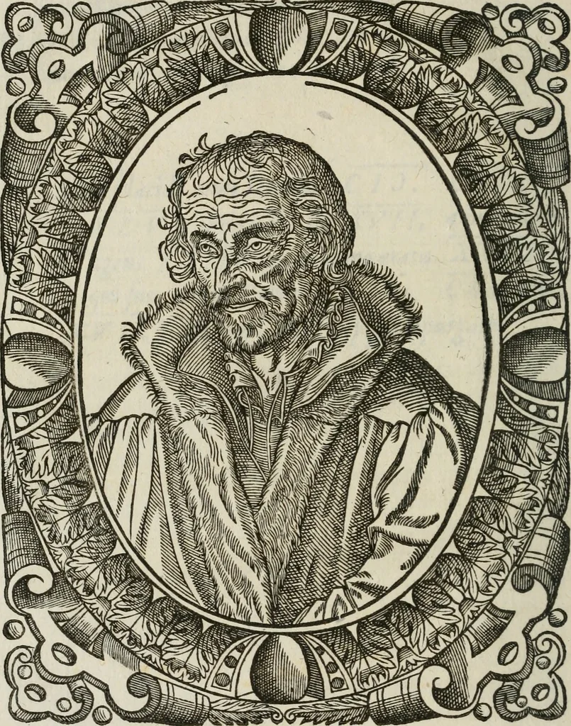 An illustration from Icones, id est, Verae imagines virorum doctrina simul et pietate illustrium, : quorum praecipuè ministerio partim bonarum literarum studia sunt restituta, partim vera religio in variis orbis Christiani regionibus, nostra patrúmque memoria fuit instaurata : additis eorundem vitae & operae descriptionibus, quibus adiectae sunt nonnullae picturae quas emblemata vocant., 1580, leaf 39
