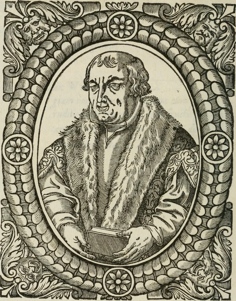 An illustration from Icones, id est, Verae imagines virorum doctrina simul et pietate illustrium, : quorum praecipuè ministerio partim bonarum literarum studia sunt restituta, partim vera religio in variis orbis Christiani regionibus, nostra patrúmque memoria fuit instaurata : additis eorundem vitae & operae descriptionibus, quibus adiectae sunt nonnullae picturae quas emblemata vocant., 1580, leaf 43