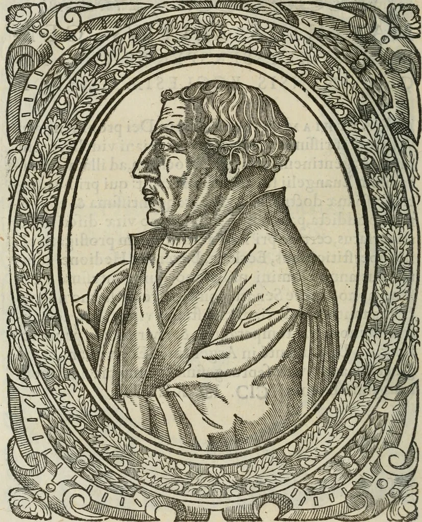 An illustration from Icones, id est, Verae imagines virorum doctrina simul et pietate illustrium, : quorum praecipuè ministerio partim bonarum literarum studia sunt restituta, partim vera religio in variis orbis Christiani regionibus, nostra patrúmque memoria fuit instaurata : additis eorundem vitae & operae descriptionibus, quibus adiectae sunt nonnullae picturae quas emblemata vocant., 1580, leaf 61