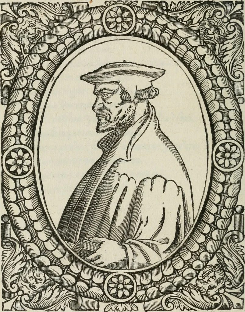 An illustration from Icones, id est, Verae imagines virorum doctrina simul et pietate illustrium, : quorum praecipuè ministerio partim bonarum literarum studia sunt restituta, partim vera religio in variis orbis Christiani regionibus, nostra patrúmque memoria fuit instaurata : additis eorundem vitae & operae descriptionibus, quibus adiectae sunt nonnullae picturae quas emblemata vocant., 1580, leaf 65