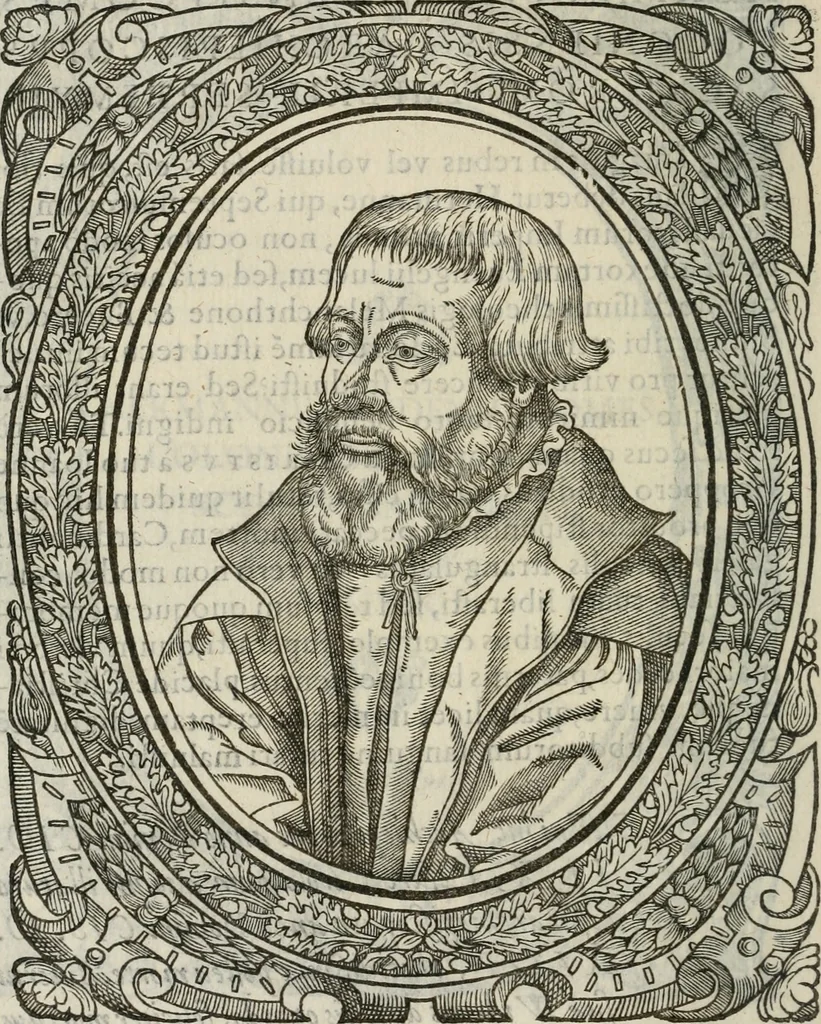 An illustration from Icones, id est, Verae imagines virorum doctrina simul et pietate illustrium, : quorum praecipuè ministerio partim bonarum literarum studia sunt restituta, partim vera religio in variis orbis Christiani regionibus, nostra patrúmque memoria fuit instaurata : additis eorundem vitae & operae descriptionibus, quibus adiectae sunt nonnullae picturae quas emblemata vocant., 1580, leaf 77
