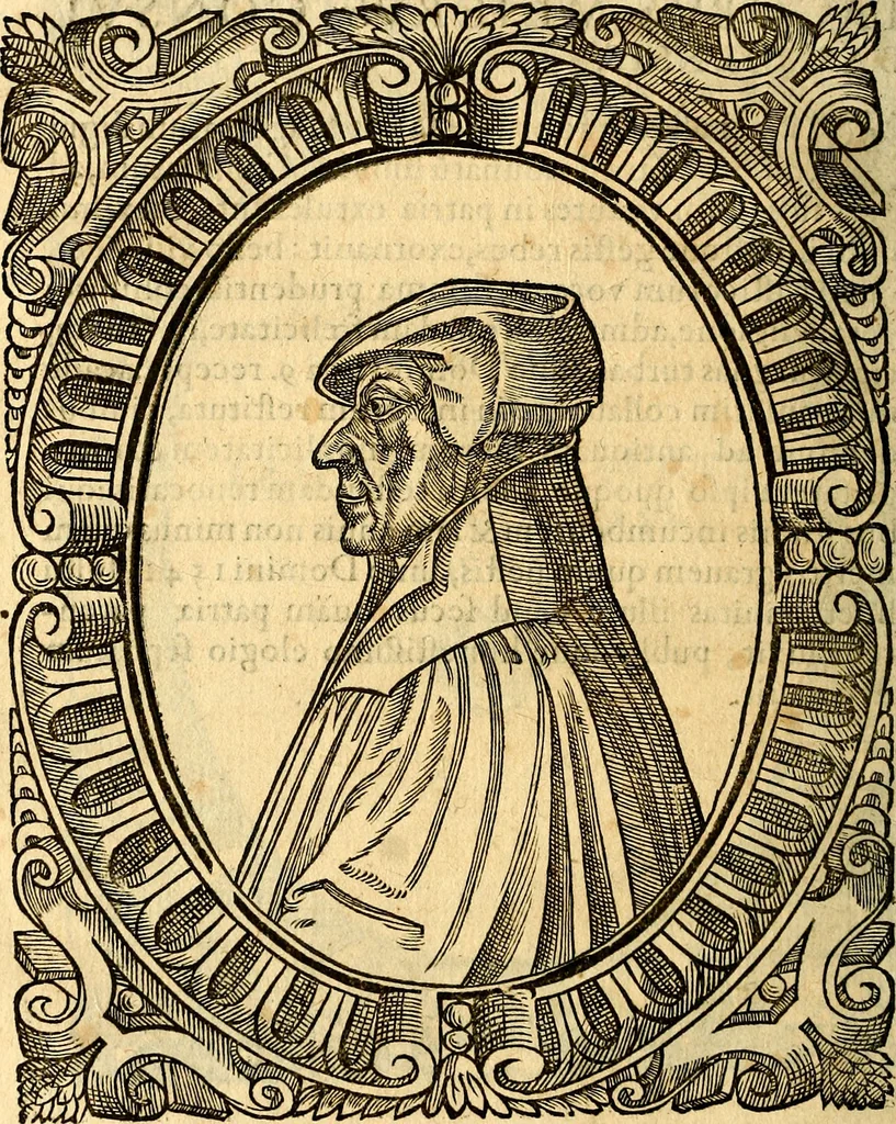 An illustration from Icones, id est verae imagines virorum doctrina simul et pietate illustrium, quorum praecipuè ministerio partim bonarum literarum studia sunt restituta, partim vera religio in variis orbis Christiani regionibus, nostra patrúmque memoria fuit instaurata: additis eorundem vitae & operae descriptionibus, quibus adiectae sunt nonnullae picturae quas emblemata vocant, 1580, leaf 111