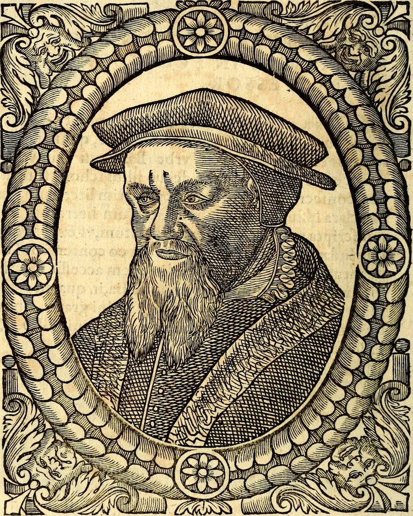 An illustration from Icones, id est verae imagines virorum doctrina simul et pietate illustrium, quorum praecipuè ministerio partim bonarum literarum studia sunt restituta, partim vera religio in variis orbis Christiani regionibus, nostra patrúmque memoria fuit instaurata: additis eorundem vitae & operae descriptionibus, quibus adiectae sunt nonnullae picturae quas emblemata vocant, 1580, leaf 125