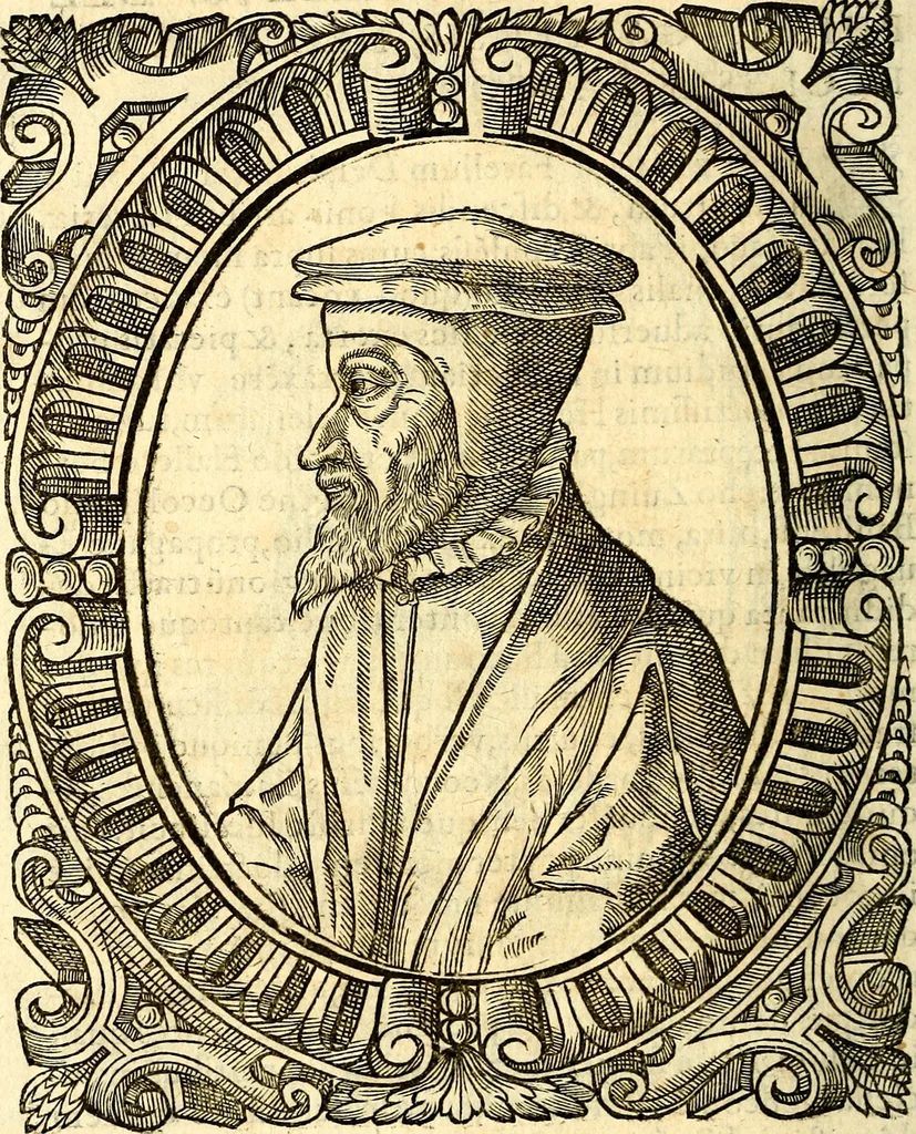 An illustration from Icones, id est verae imagines virorum doctrina simul et pietate illustrium, quorum praecipuè ministerio partim bonarum literarum studia sunt restituta, partim vera religio in variis orbis Christiani regionibus, nostra patrúmque memoria fuit instaurata: additis eorundem vitae & operae descriptionibus, quibus adiectae sunt nonnullae picturae quas emblemata vocant, 1580, leaf 149