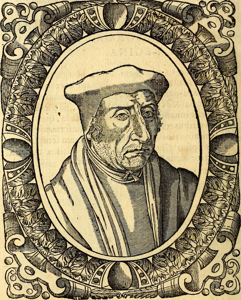 An illustration from Icones, id est verae imagines virorum doctrina simul et pietate illustrium, quorum praecipuè ministerio partim bonarum literarum studia sunt restituta, partim vera religio in variis orbis Christiani regionibus, nostra patrúmque memoria fuit instaurata: additis eorundem vitae & operae descriptionibus, quibus adiectae sunt nonnullae picturae quas emblemata vocant, 1580, leaf 161