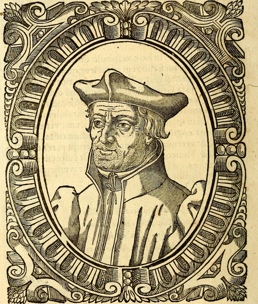 An illustration from Icones, id est verae imagines virorum doctrina simul et pietate illustrium, quorum praecipuè ministerio partim bonarum literarum studia sunt restituta, partim vera religio in variis orbis Christiani regionibus, nostra patrúmque memoria fuit instaurata: additis eorundem vitae & operae descriptionibus, quibus adiectae sunt nonnullae picturae quas emblemata vocant, 1580, leaf 163