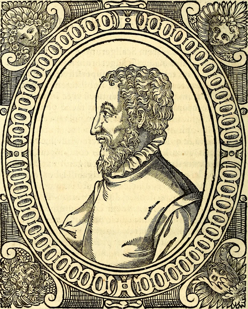 An illustration from Icones, id est verae imagines virorum doctrina simul et pietate illustrium, quorum praecipuè ministerio partim bonarum literarum studia sunt restituta, partim vera religio in variis orbis Christiani regionibus, nostra patrúmque memoria fuit instaurata: additis eorundem vitae & operae descriptionibus, quibus adiectae sunt nonnullae picturae quas emblemata vocant, 1580, leaf 173