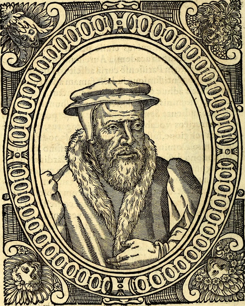 An illustration from Icones, id est verae imagines virorum doctrina simul et pietate illustrium, quorum praecipuè ministerio partim bonarum literarum studia sunt restituta, partim vera religio in variis orbis Christiani regionibus, nostra patrúmque memoria fuit instaurata: additis eorundem vitae & operae descriptionibus, quibus adiectae sunt nonnullae picturae quas emblemata vocant, 1580, leaf 207