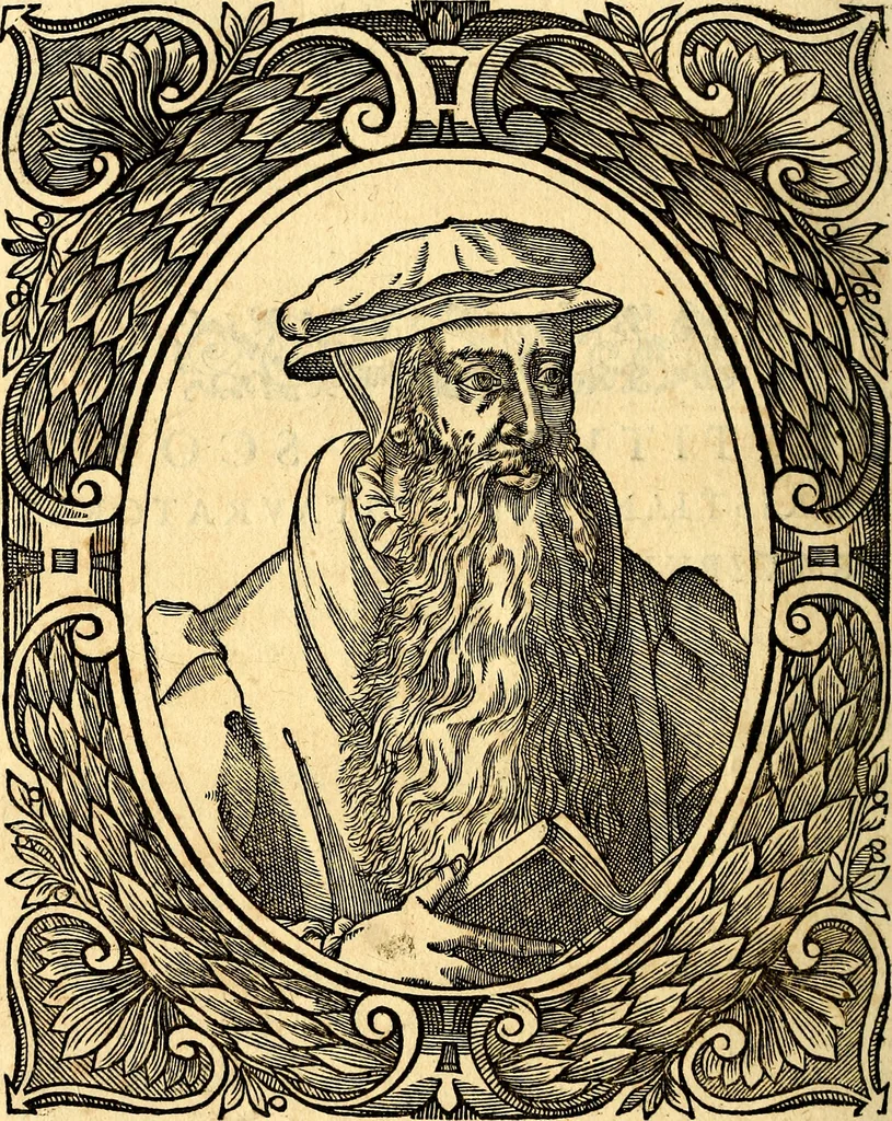 An illustration from Icones, id est verae imagines virorum doctrina simul et pietate illustrium, quorum praecipuè ministerio partim bonarum literarum studia sunt restituta, partim vera religio in variis orbis Christiani regionibus, nostra patrúmque memoria fuit instaurata: additis eorundem vitae & operae descriptionibus, quibus adiectae sunt nonnullae picturae quas emblemata vocant, 1580, leaf 231