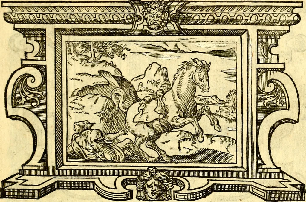 An illustration from Icones, id est verae imagines virorum doctrina simul et pietate illustrium, quorum praecipuè ministerio partim bonarum literarum studia sunt restituta, partim vera religio in variis orbis Christiani regionibus, nostra patrúmque memoria fuit instaurata: additis eorundem vitae & operae descriptionibus, quibus adiectae sunt nonnullae picturae quas emblemata vocant, 1580, leaf 282