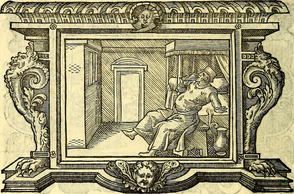 An illustration from Icones, id est verae imagines virorum doctrina simul et pietate illustrium, quorum praecipuè ministerio partim bonarum literarum studia sunt restituta, partim vera religio in variis orbis Christiani regionibus, nostra patrúmque memoria fuit instaurata: additis eorundem vitae & operae descriptionibus, quibus adiectae sunt nonnullae picturae quas emblemata vocant, 1580, leaf 287