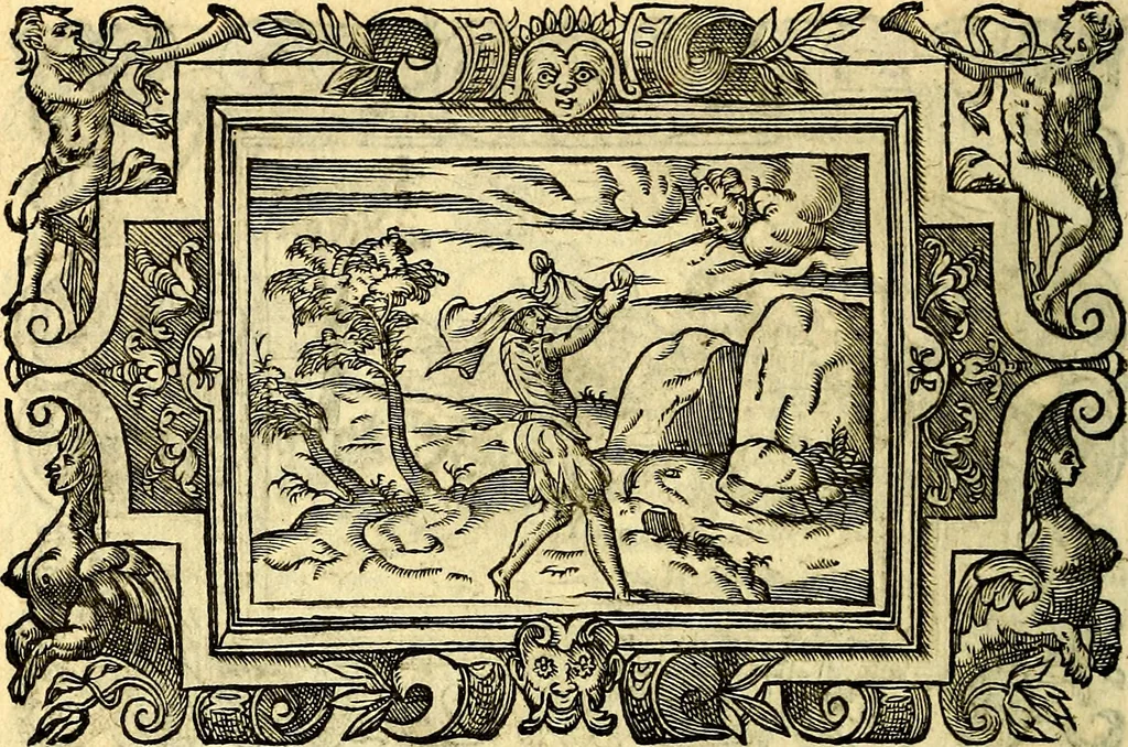 An illustration from Icones, id est verae imagines virorum doctrina simul et pietate illustrium, quorum praecipuè ministerio partim bonarum literarum studia sunt restituta, partim vera religio in variis orbis Christiani regionibus, nostra patrúmque memoria fuit instaurata: additis eorundem vitae & operae descriptionibus, quibus adiectae sunt nonnullae picturae quas emblemata vocant, 1580, leaf 295