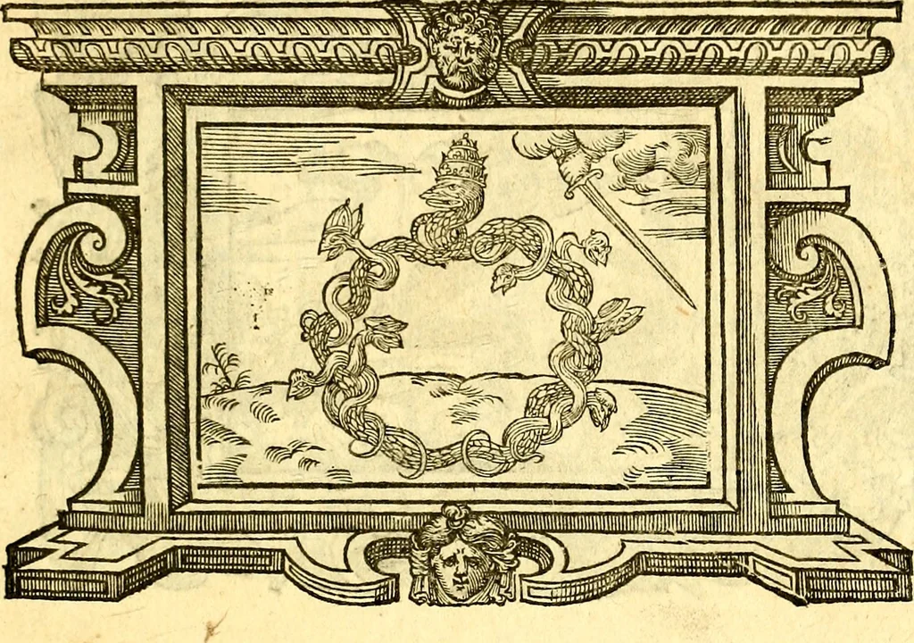 An illustration from Icones, id est verae imagines virorum doctrina simul et pietate illustrium, quorum praecipuè ministerio partim bonarum literarum studia sunt restituta, partim vera religio in variis orbis Christiani regionibus, nostra patrúmque memoria fuit instaurata: additis eorundem vitae & operae descriptionibus, quibus adiectae sunt nonnullae picturae quas emblemata vocant, 1580, leaf 300