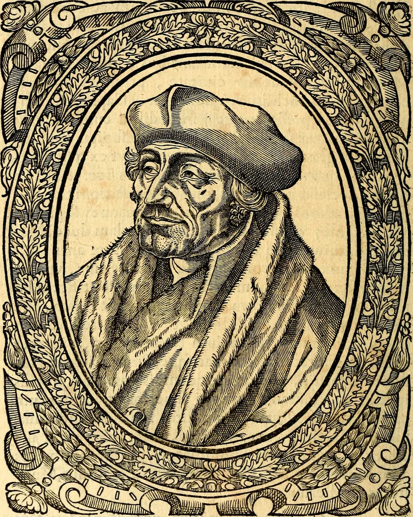 An illustration from Icones, id est verae imagines virorum doctrina simul et pietate illustrium, quorum praecipuè ministerio partim bonarum literarum studia sunt restituta, partim vera religio in variis orbis Christiani regionibus, nostra patrúmque memoria fuit instaurata: additis eorundem vitae & operae descriptionibus, quibus adiectae sunt nonnullae picturae quas emblemata vocant, 1580, leaf 31