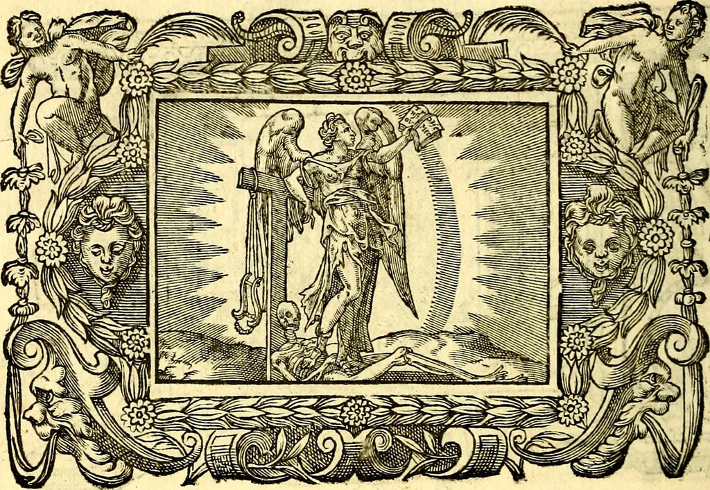 An illustration from Icones, id est verae imagines virorum doctrina simul et pietate illustrium, quorum praecipuè ministerio partim bonarum literarum studia sunt restituta, partim vera religio in variis orbis Christiani regionibus, nostra patrúmque memoria fuit instaurata: additis eorundem vitae & operae descriptionibus, quibus adiectae sunt nonnullae picturae quas emblemata vocant, 1580, leaf 311
