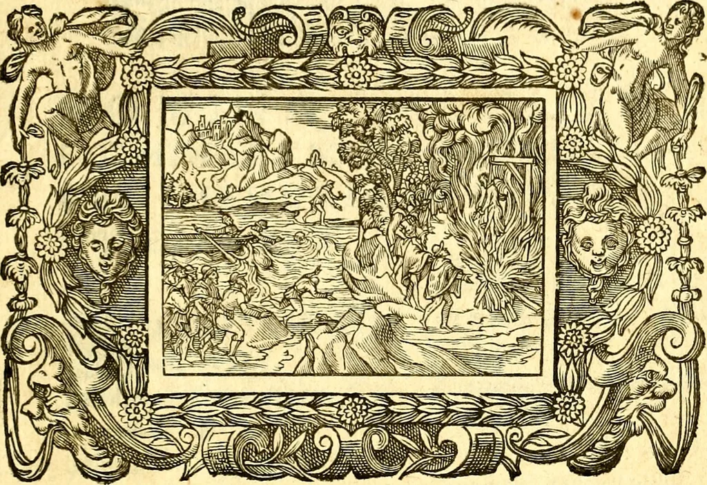 An illustration from Icones, id est verae imagines virorum doctrina simul et pietate illustrium, quorum praecipuè ministerio partim bonarum literarum studia sunt restituta, partim vera religio in variis orbis Christiani regionibus, nostra patrúmque memoria fuit instaurata: additis eorundem vitae & operae descriptionibus, quibus adiectae sunt nonnullae picturae quas emblemata vocant, 1580, leaf 316