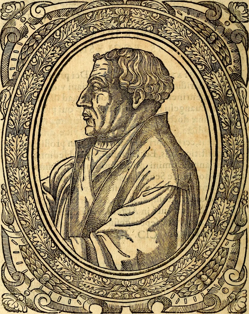 An illustration from Icones, id est verae imagines virorum doctrina simul et pietate illustrium, quorum praecipuè ministerio partim bonarum literarum studia sunt restituta, partim vera religio in variis orbis Christiani regionibus, nostra patrúmque memoria fuit instaurata: additis eorundem vitae & operae descriptionibus, quibus adiectae sunt nonnullae picturae quas emblemata vocant, 1580, leaf 59