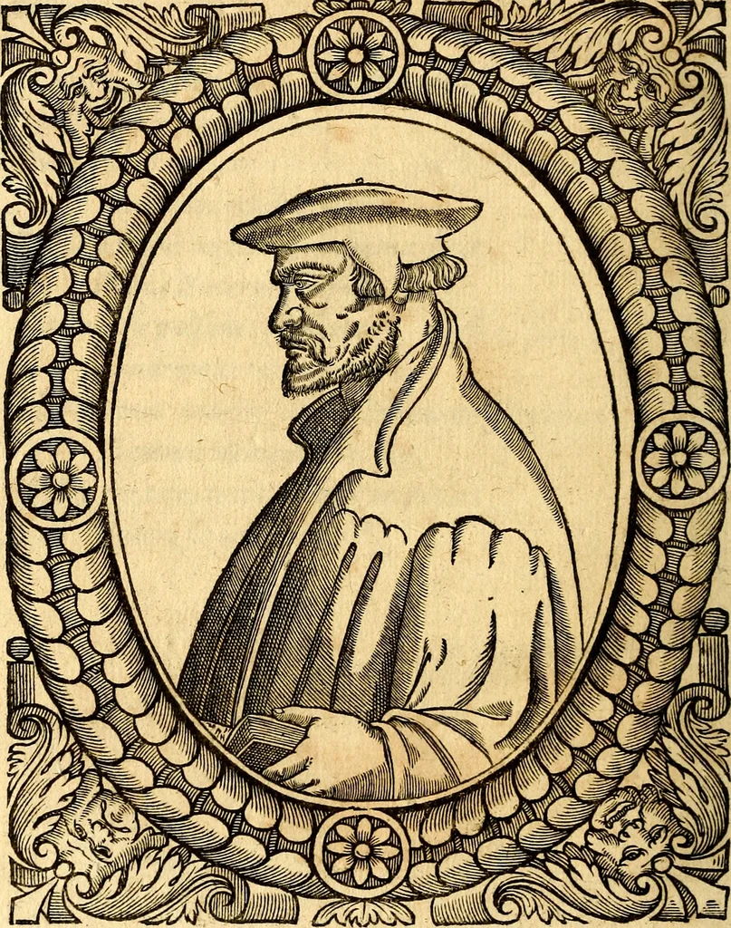 An illustration from Icones, id est verae imagines virorum doctrina simul et pietate illustrium, quorum praecipuè ministerio partim bonarum literarum studia sunt restituta, partim vera religio in variis orbis Christiani regionibus, nostra patrúmque memoria fuit instaurata: additis eorundem vitae & operae descriptionibus, quibus adiectae sunt nonnullae picturae quas emblemata vocant, 1580, leaf 63