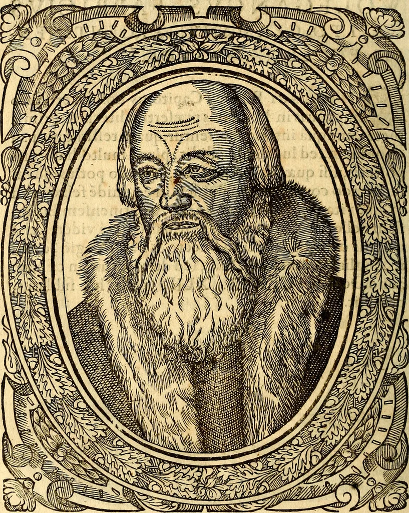 An illustration from Icones, id est verae imagines virorum doctrina simul et pietate illustrium, quorum praecipuè ministerio partim bonarum literarum studia sunt restituta, partim vera religio in variis orbis Christiani regionibus, nostra patrúmque memoria fuit instaurata: additis eorundem vitae & operae descriptionibus, quibus adiectae sunt nonnullae picturae quas emblemata vocant, 1580, leaf 69
