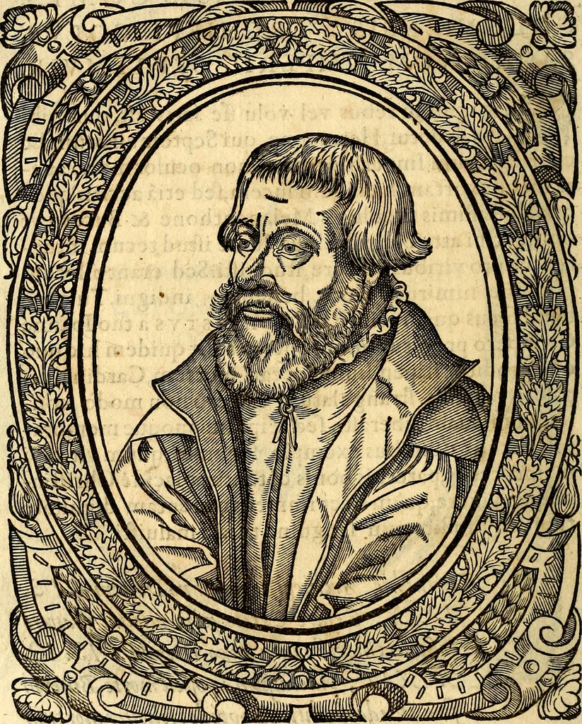 An illustration from Icones, id est verae imagines virorum doctrina simul et pietate illustrium, quorum praecipuè ministerio partim bonarum literarum studia sunt restituta, partim vera religio in variis orbis Christiani regionibus, nostra patrúmque memoria fuit instaurata: additis eorundem vitae & operae descriptionibus, quibus adiectae sunt nonnullae picturae quas emblemata vocant, 1580, leaf 75