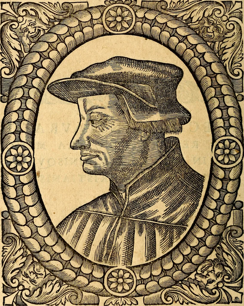 An illustration from Icones, id est verae imagines virorum doctrina simul et pietate illustrium, quorum praecipuè ministerio partim bonarum literarum studia sunt restituta, partim vera religio in variis orbis Christiani regionibus, nostra patrúmque memoria fuit instaurata: additis eorundem vitae & operae descriptionibus, quibus adiectae sunt nonnullae picturae quas emblemata vocant, 1580, leaf 99