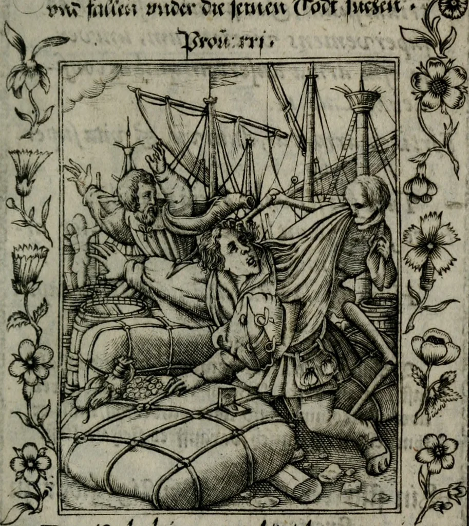 An illustration from Icones mortis : sexaginta imaginibus, totidemq[ue], 1648, leaf 96