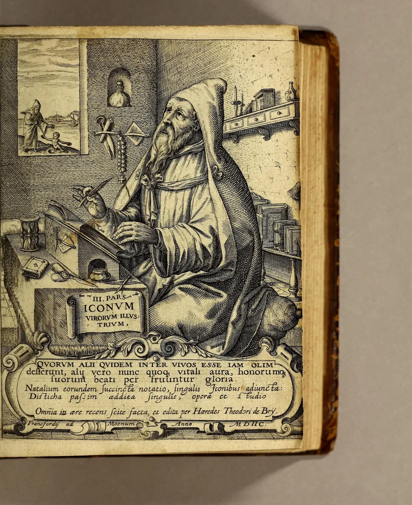 An illustration from Icones quinquaginta virorum illustrium doctrina & eruditione præstantium ad vivum effictæ, : cum eorum vitis, 1597, leaf 5