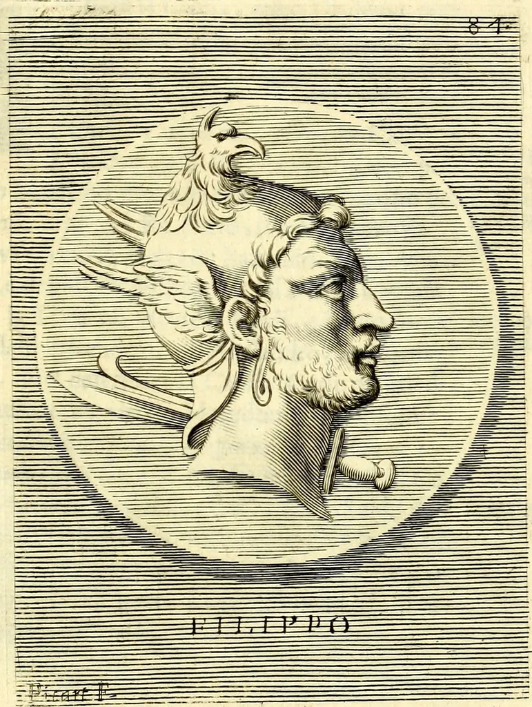 An illustration from Iconografia, cioè disegni d'imagini de famosissimi monarchi, regi, filosofi, poeti ed oratori dell'antichità, cauati, 1669, leaf 380