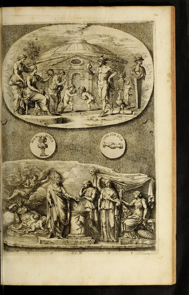 An illustration from Iconologia deorum, oder Abbildung der götter : welche von den alten verehret Worden ... samt dero eigentlicher Beschreibung und Erklärung der heidnischen Tempel-ceremonien, auch Vorbildung der thiere und anderer Sachen ..., 1680, leaf 187