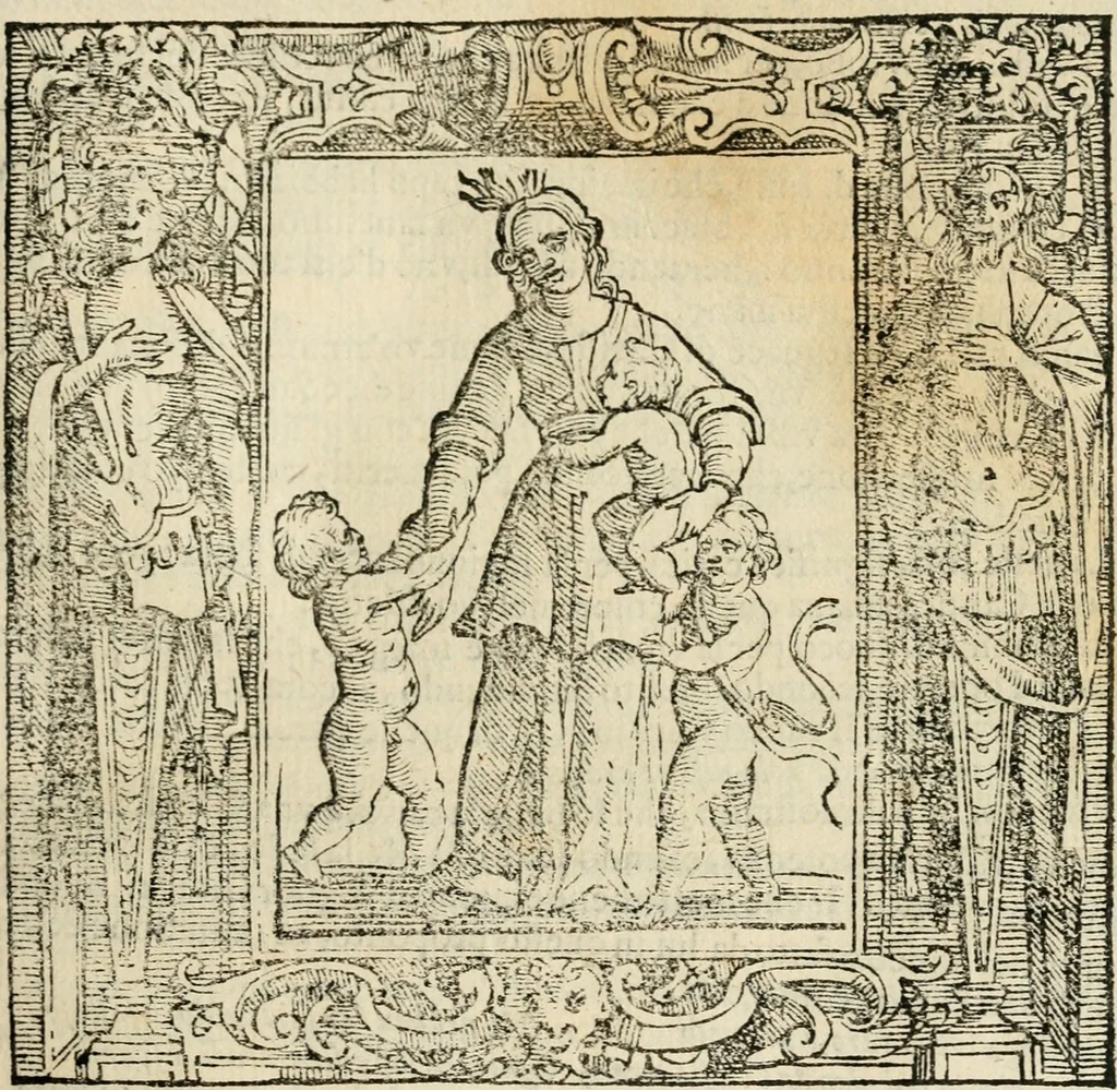 An illustration from Iconologia di Cesare Ripa perugino, cavre. de sti. Mauritio, e Lazzaro : nella quale si descriuono diuerse imagini di virtù, vitij, affetti, passioni humane, arti, discipline, humori, elementi, corpi celesti, prouincie d'Italia, fiumi, tutte le parti del mondo, ed altere infinite materie : opera vtile ad oratori, predicatori, poeti, pittori, scultori, disegnatori, e ad ogni studioso .., 1613, leaf 114