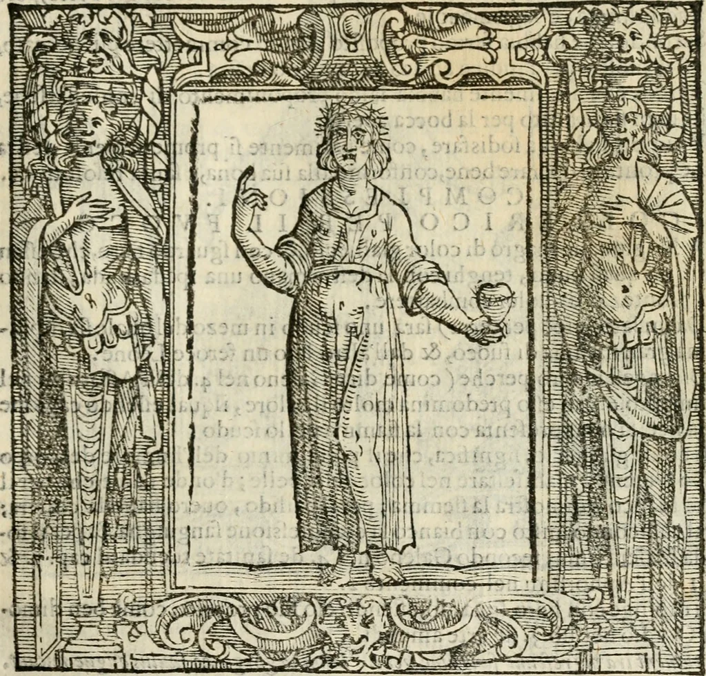 An illustration from Iconologia di Cesare Ripa perugino, cavre. de sti. Mauritio, e Lazzaro : nella quale si descriuono diuerse imagini di virtù, vitij, affetti, passioni humane, arti, discipline, humori, elementi, corpi celesti, prouincie d'Italia, fiumi, tutte le parti del mondo, ed altere infinite materie : opera vtile ad oratori, predicatori, poeti, pittori, scultori, disegnatori, e ad ogni studioso .., 1613, leaf 128