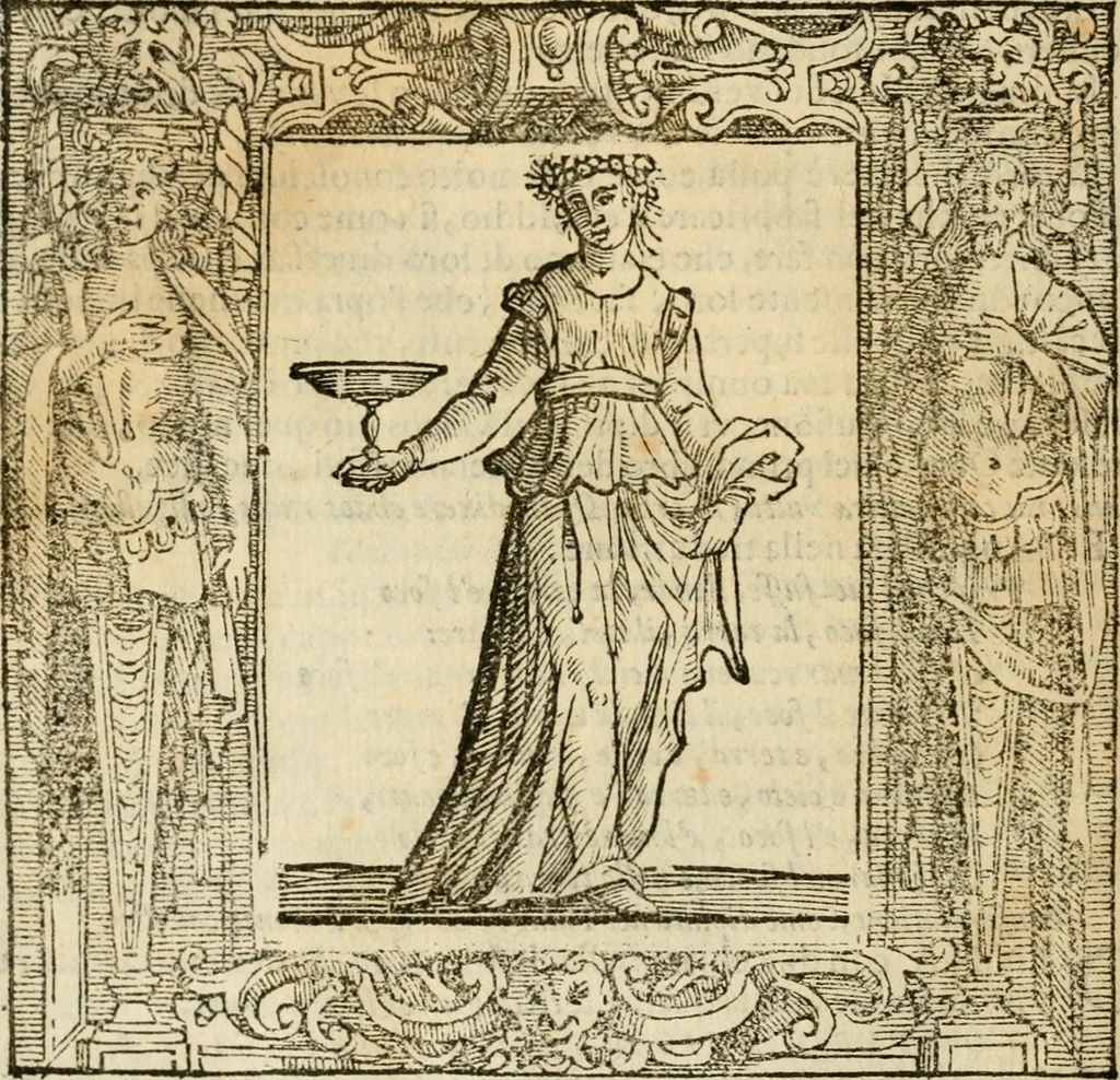 An illustration from Iconologia di Cesare Ripa perugino, cavre. de sti. Mauritio, e Lazzaro : nella quale si descriuono diuerse imagini di virtù, vitij, affetti, passioni humane, arti, discipline, humori, elementi, corpi celesti, prouincie d'Italia, fiumi, tutte le parti del mondo, ed altere infinite materie : opera vtile ad oratori, predicatori, poeti, pittori, scultori, disegnatori, e ad ogni studioso .., 1613, leaf 139