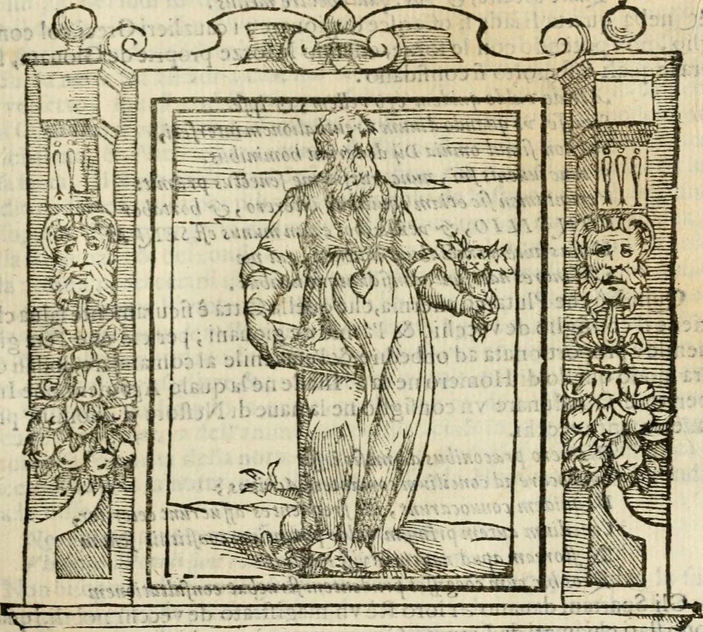 An illustration from Iconologia di Cesare Ripa perugino, cavre. de sti. Mauritio, e Lazzaro : nella quale si descriuono diuerse imagini di virtù, vitij, affetti, passioni humane, arti, discipline, humori, elementi, corpi celesti, prouincie d'Italia, fiumi, tutte le parti del mondo, ed altere infinite materie : opera vtile ad oratori, predicatori, poeti, pittori, scultori, disegnatori, e ad ogni studioso .., 1613, leaf 142
