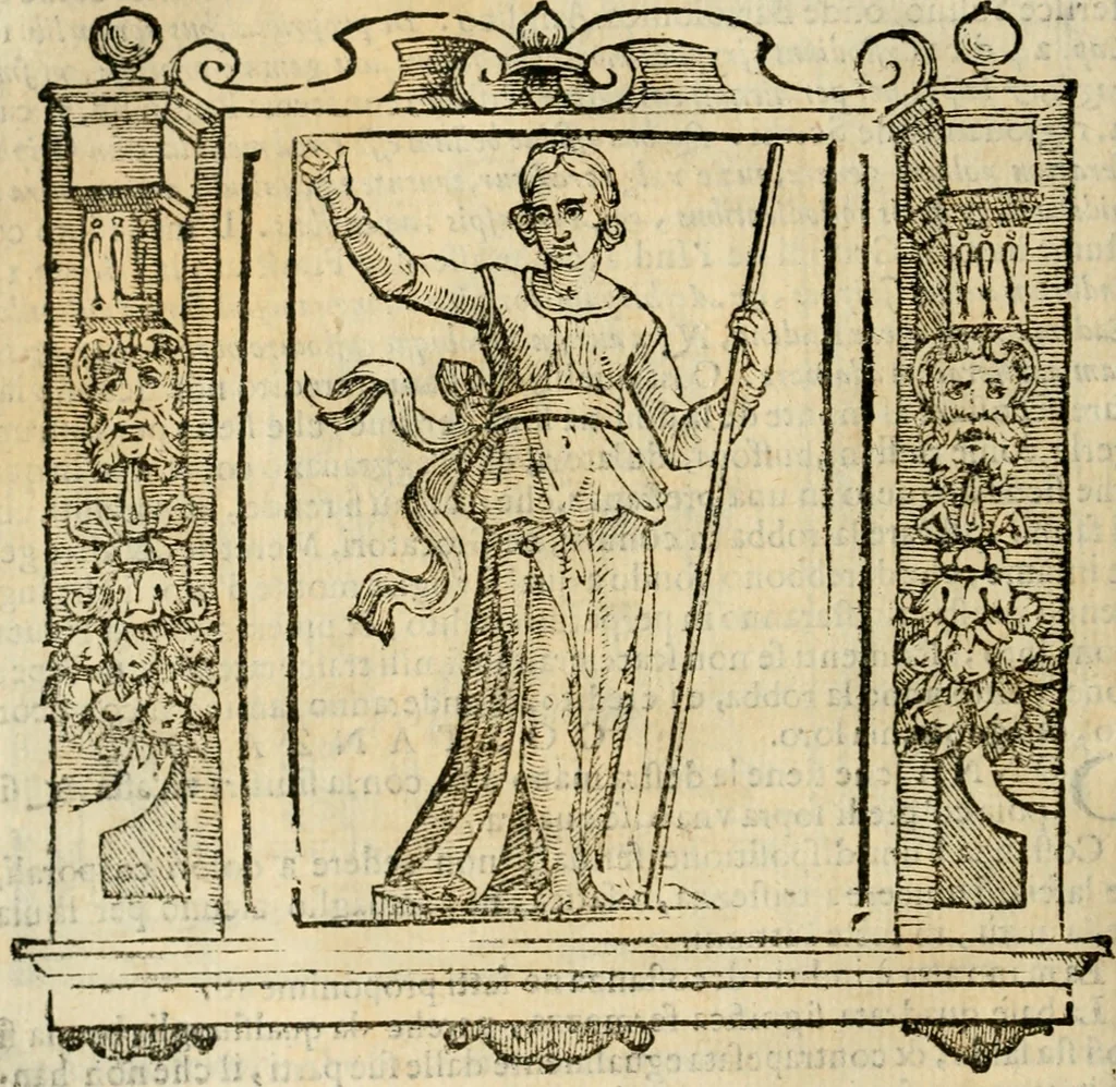 An illustration from Iconologia di Cesare Ripa perugino, cavre. de sti. Mauritio, e Lazzaro : nella quale si descriuono diuerse imagini di virtù, vitij, affetti, passioni humane, arti, discipline, humori, elementi, corpi celesti, prouincie d'Italia, fiumi, tutte le parti del mondo, ed altere infinite materie : opera vtile ad oratori, predicatori, poeti, pittori, scultori, disegnatori, e ad ogni studioso .., 1613, leaf 153