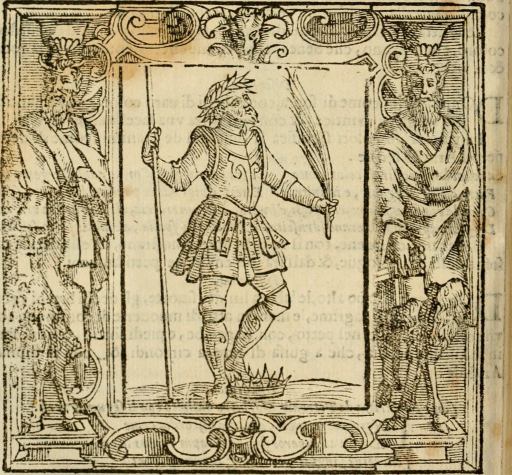 An illustration from Iconologia di Cesare Ripa perugino, cavre. de sti. Mauritio, e Lazzaro : nella quale si descriuono diuerse imagini di virtù, vitij, affetti, passioni humane, arti, discipline, humori, elementi, corpi celesti, prouincie d'Italia, fiumi, tutte le parti del mondo, ed altere infinite materie : opera vtile ad oratori, predicatori, poeti, pittori, scultori, disegnatori, e ad ogni studioso .., 1613, leaf 173