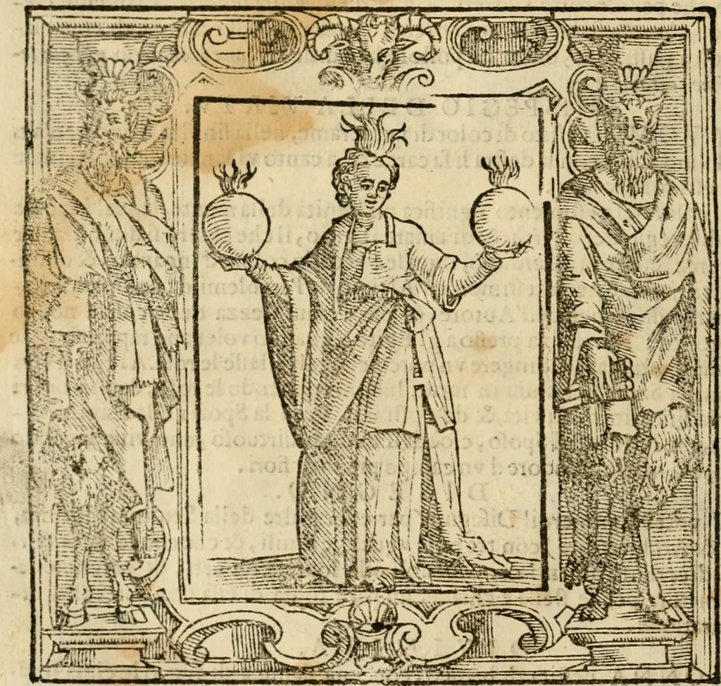 An illustration from Iconologia di Cesare Ripa perugino, cavre. de sti. Mauritio, e Lazzaro : nella quale si descriuono diuerse imagini di virtù, vitij, affetti, passioni humane, arti, discipline, humori, elementi, corpi celesti, prouincie d'Italia, fiumi, tutte le parti del mondo, ed altere infinite materie : opera vtile ad oratori, predicatori, poeti, pittori, scultori, disegnatori, e ad ogni studioso .., 1613, leaf 175
