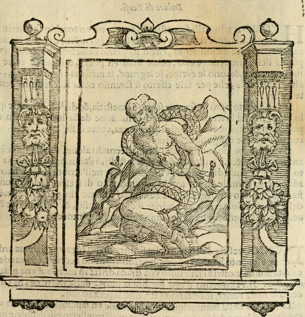 An illustration from Iconologia di Cesare Ripa perugino, cavre. de sti. Mauritio, e Lazzaro : nella quale si descriuono diuerse imagini di virtù, vitij, affetti, passioni humane, arti, discipline, humori, elementi, corpi celesti, prouincie d'Italia, fiumi, tutte le parti del mondo, ed altere infinite materie : opera vtile ad oratori, predicatori, poeti, pittori, scultori, disegnatori, e ad ogni studioso .., 1613, leaf 176