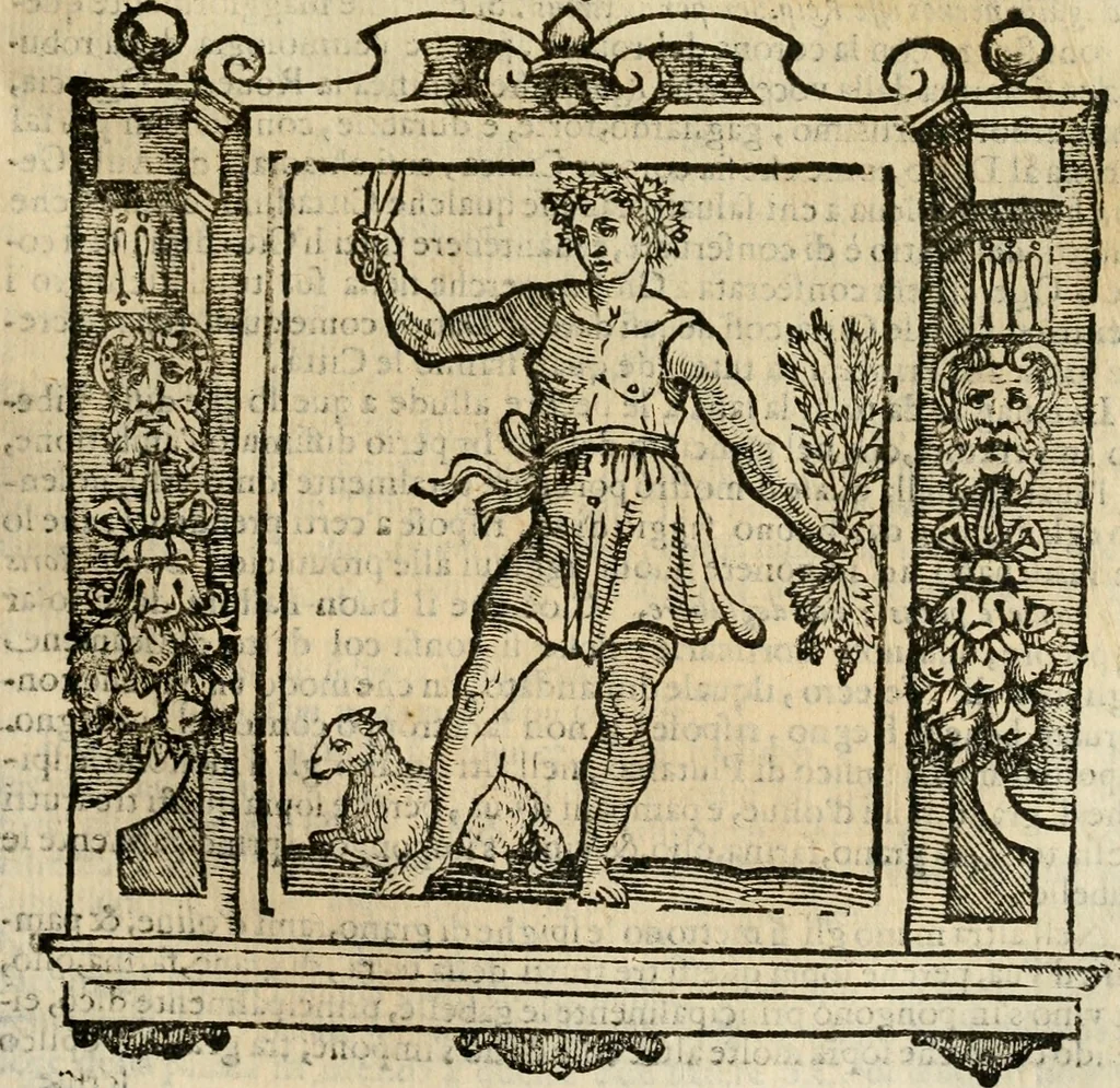 An illustration from Iconologia di Cesare Ripa perugino, cavre. de sti. Mauritio, e Lazzaro : nella quale si descriuono diuerse imagini di virtù, vitij, affetti, passioni humane, arti, discipline, humori, elementi, corpi celesti, prouincie d'Italia, fiumi, tutte le parti del mondo, ed altere infinite materie : opera vtile ad oratori, predicatori, poeti, pittori, scultori, disegnatori, e ad ogni studioso .., 1613, leaf 180
