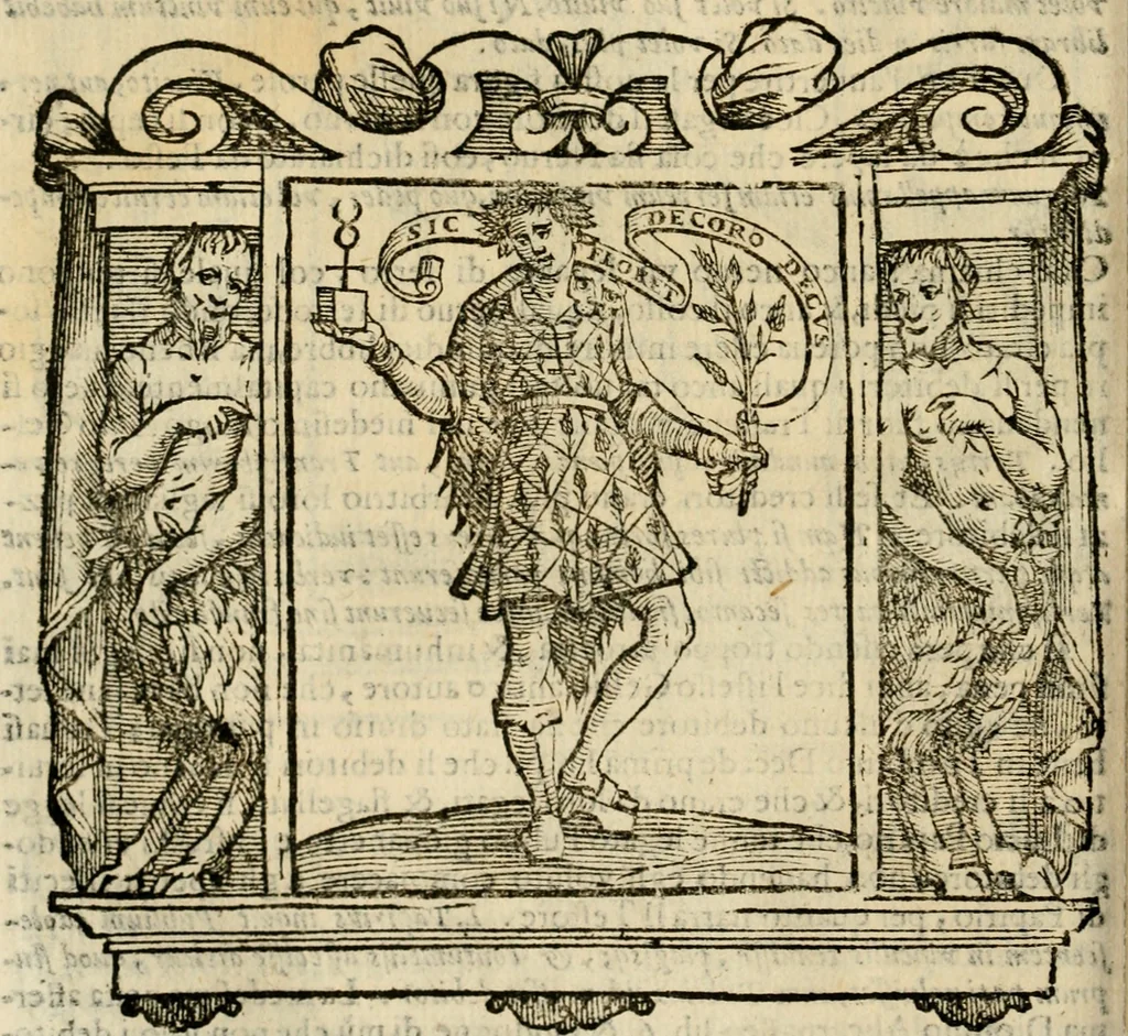 An illustration from Iconologia di Cesare Ripa perugino, cavre. de sti. Mauritio, e Lazzaro : nella quale si descriuono diuerse imagini di virtù, vitij, affetti, passioni humane, arti, discipline, humori, elementi, corpi celesti, prouincie d'Italia, fiumi, tutte le parti del mondo, ed altere infinite materie : opera vtile ad oratori, predicatori, poeti, pittori, scultori, disegnatori, e ad ogni studioso .., 1613, leaf 185