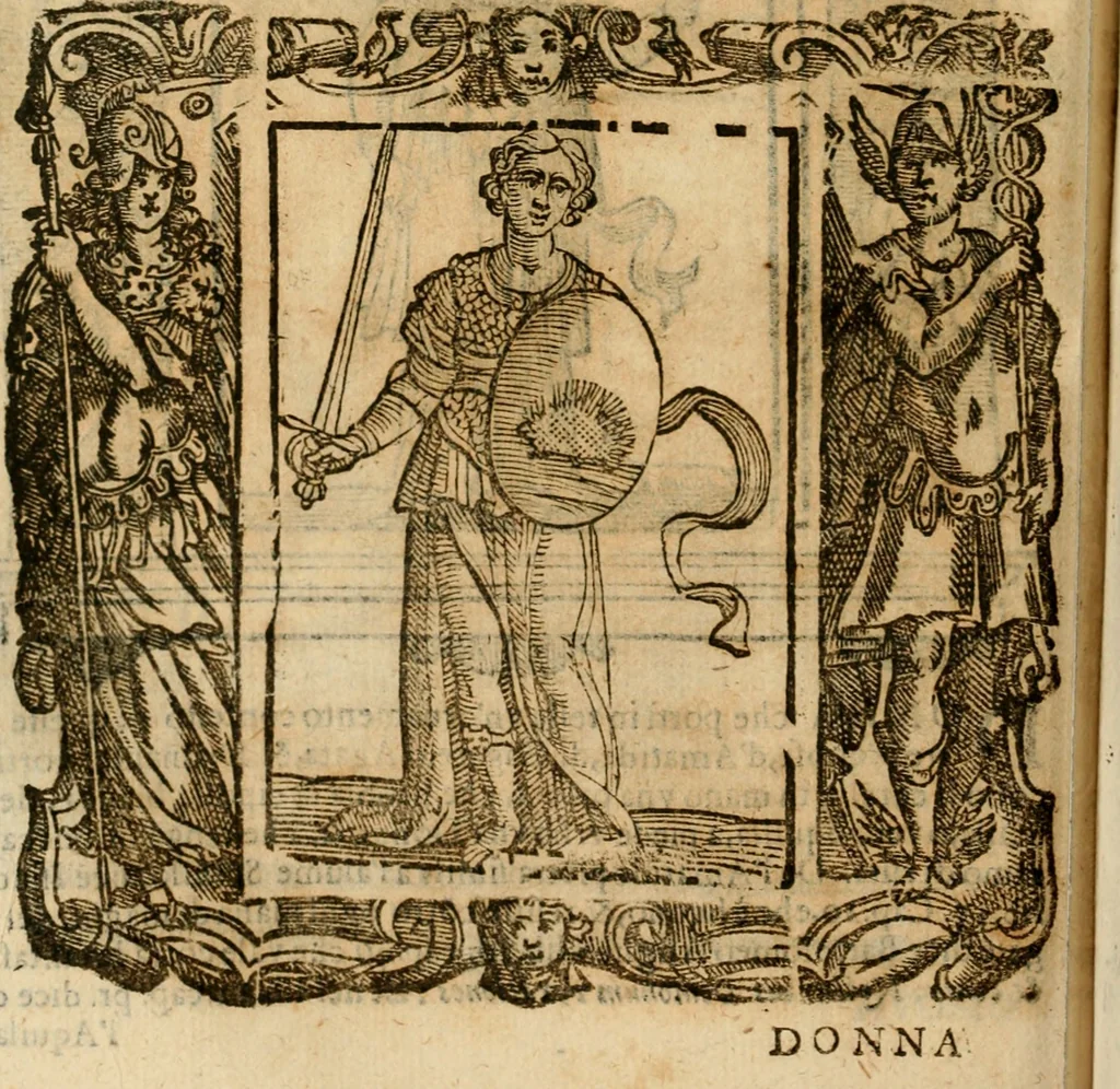 An illustration from Iconologia di Cesare Ripa perugino, cavre. de sti. Mauritio, e Lazzaro : nella quale si descriuono diuerse imagini di virtù, vitij, affetti, passioni humane, arti, discipline, humori, elementi, corpi celesti, prouincie d'Italia, fiumi, tutte le parti del mondo, ed altere infinite materie : opera vtile ad oratori, predicatori, poeti, pittori, scultori, disegnatori, e ad ogni studioso .., 1613, leaf 201
