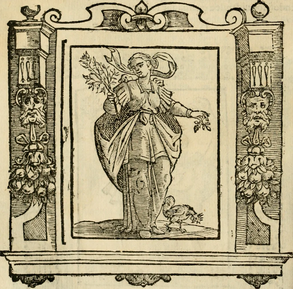 An illustration from Iconologia di Cesare Ripa perugino, cavre. de sti. Mauritio, e Lazzaro : nella quale si descriuono diuerse imagini di virtù, vitij, affetti, passioni humane, arti, discipline, humori, elementi, corpi celesti, prouincie d'Italia, fiumi, tutte le parti del mondo, ed altere infinite materie : opera vtile ad oratori, predicatori, poeti, pittori, scultori, disegnatori, e ad ogni studioso .., 1613, leaf 203