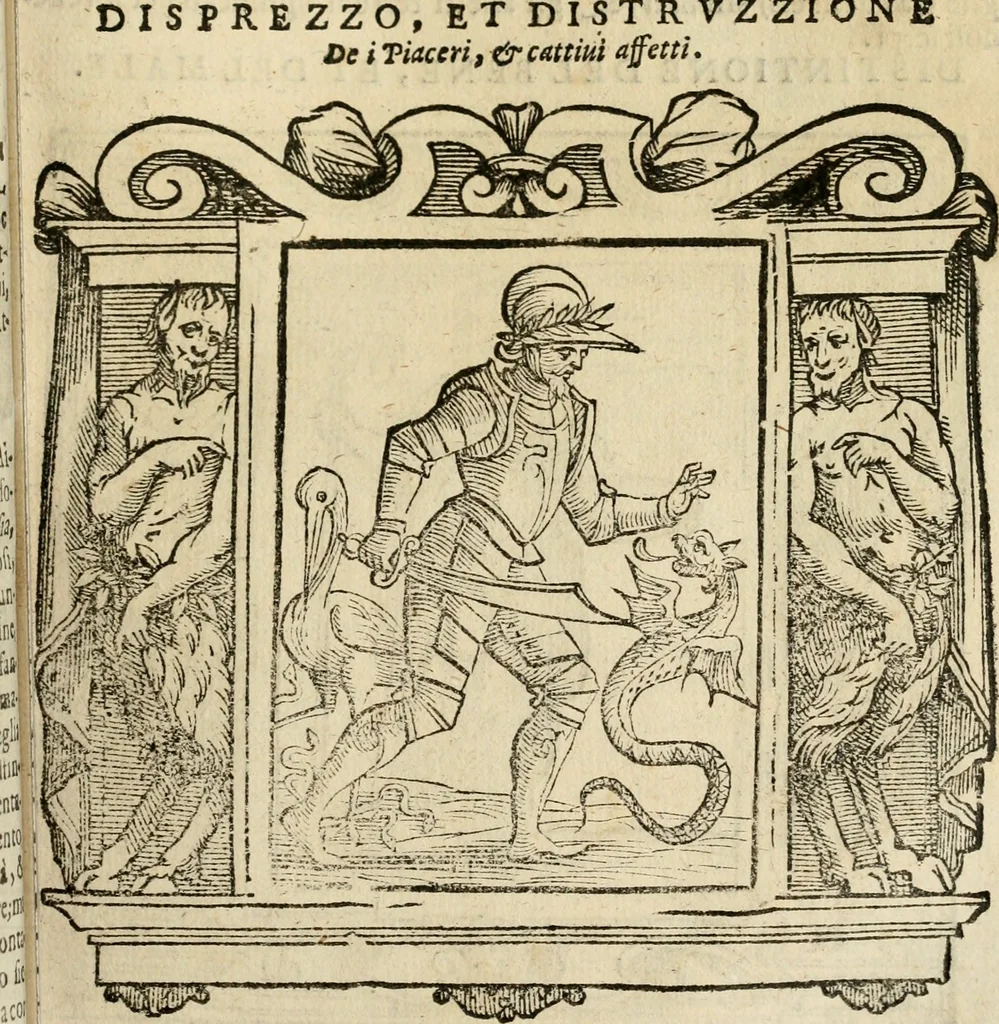 An illustration from Iconologia di Cesare Ripa perugino, cavre. de sti. Mauritio, e Lazzaro : nella quale si descriuono diuerse imagini di virtù, vitij, affetti, passioni humane, arti, discipline, humori, elementi, corpi celesti, prouincie d'Italia, fiumi, tutte le parti del mondo, ed altere infinite materie : opera vtile ad oratori, predicatori, poeti, pittori, scultori, disegnatori, e ad ogni studioso .., 1613, leaf 208