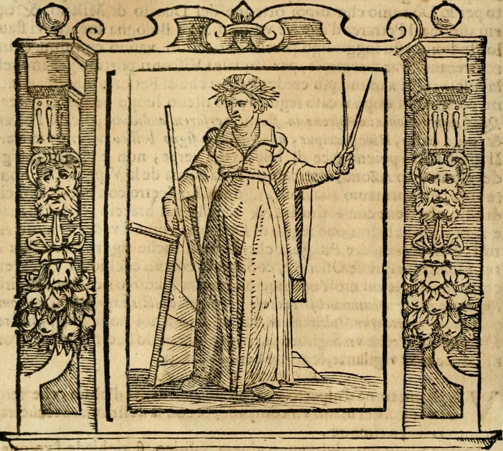 An illustration from Iconologia di Cesare Ripa perugino, cavre. de sti. Mauritio, e Lazzaro : nella quale si descriuono diuerse imagini di virtù, vitij, affetti, passioni humane, arti, discipline, humori, elementi, corpi celesti, prouincie d'Italia, fiumi, tutte le parti del mondo, ed altere infinite materie : opera vtile ad oratori, predicatori, poeti, pittori, scultori, disegnatori, e ad ogni studioso .., 1613, leaf 215