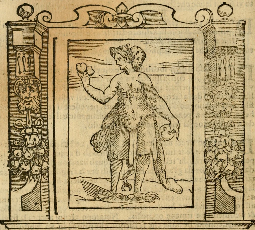 An illustration from Iconologia di Cesare Ripa perugino, cavre. de sti. Mauritio, e Lazzaro : nella quale si descriuono diuerse imagini di virtù, vitij, affetti, passioni humane, arti, discipline, humori, elementi, corpi celesti, prouincie d'Italia, fiumi, tutte le parti del mondo, ed altere infinite materie : opera vtile ad oratori, predicatori, poeti, pittori, scultori, disegnatori, e ad ogni studioso .., 1613, leaf 269