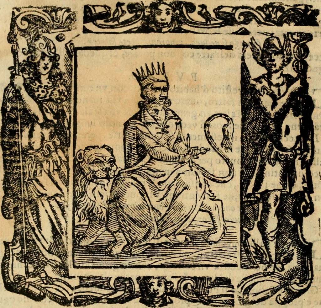 An illustration from Iconologia di Cesare Ripa perugino, cavre. de sti. Mauritio, e Lazzaro : nella quale si descriuono diuerse imagini di virtù, vitij, affetti, passioni humane, arti, discipline, humori, elementi, corpi celesti, prouincie d'Italia, fiumi, tutte le parti del mondo, ed altere infinite materie : opera vtile ad oratori, predicatori, poeti, pittori, scultori, disegnatori, e ad ogni studioso .., 1613, leaf 275